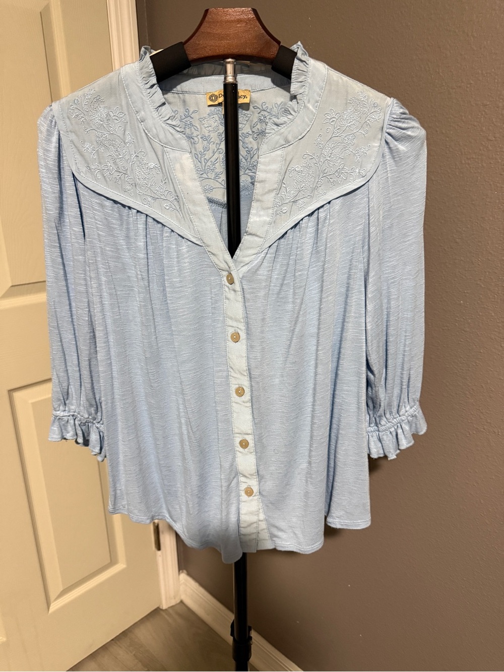 Democracy Light Blue Embroidered Button-Front Blouse